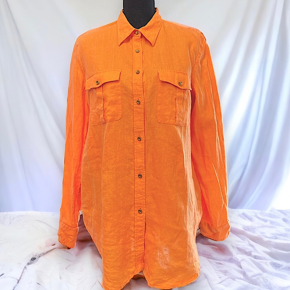Silk RALPH LAUREN LAUREN tangerine color button-down women's shirt EXC Condition